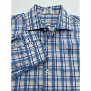 Peter Millar Button Up Shirt Large Long Sleeve Casual 100% Cotton Plaid‎ Blue